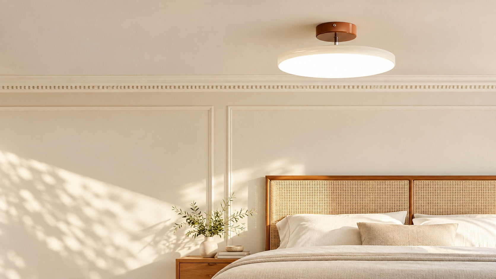 Cream ceiling light in a bright contemporary bedroom