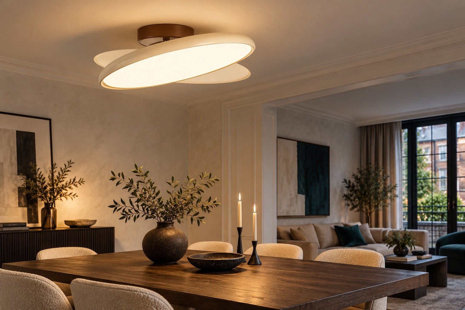 Adjustable ceiling light illuminating a contemporary dining room
