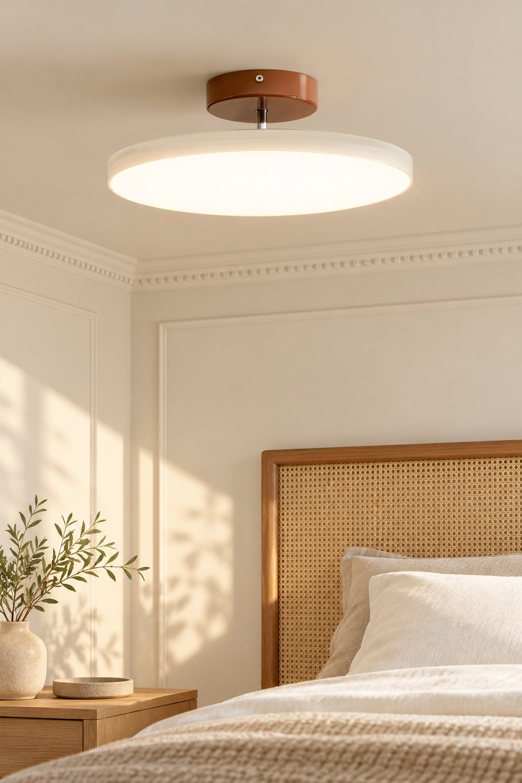 Cream ceiling light above a simple bedroom setting
